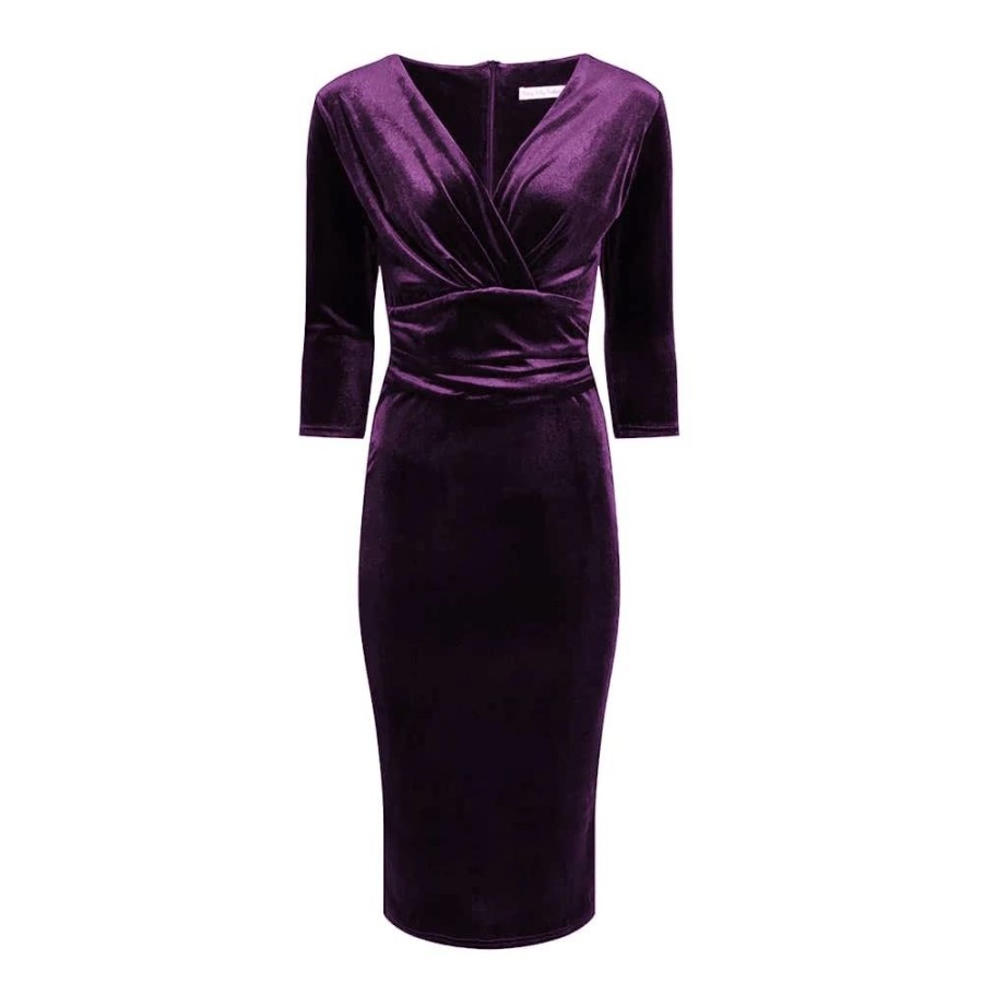 Pretty Kitty Fashion Velour Deep V 3/4 Sleeve Bodycon Ruched Waist Wiggle Dress | Wiggle Dresses