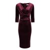 Pretty Kitty Fashion Claret Red Velour Deep V 3/4 Sleeve Bodycon Ruched Waist Wiggle Dress | Pencil Dresses