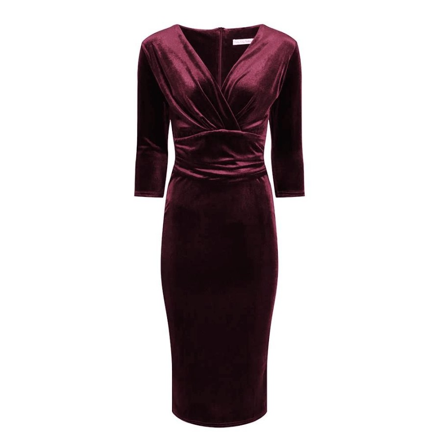 Pretty Kitty Fashion Claret Red Velour Deep V 3/4 Sleeve Bodycon Ruched Waist Wiggle Dress | Pencil Dresses