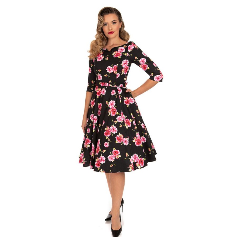 Pretty Kitty Fashion Pink Rose Floral Print 3/4 Sleeve 50S Swing Dress | Floral Dresses