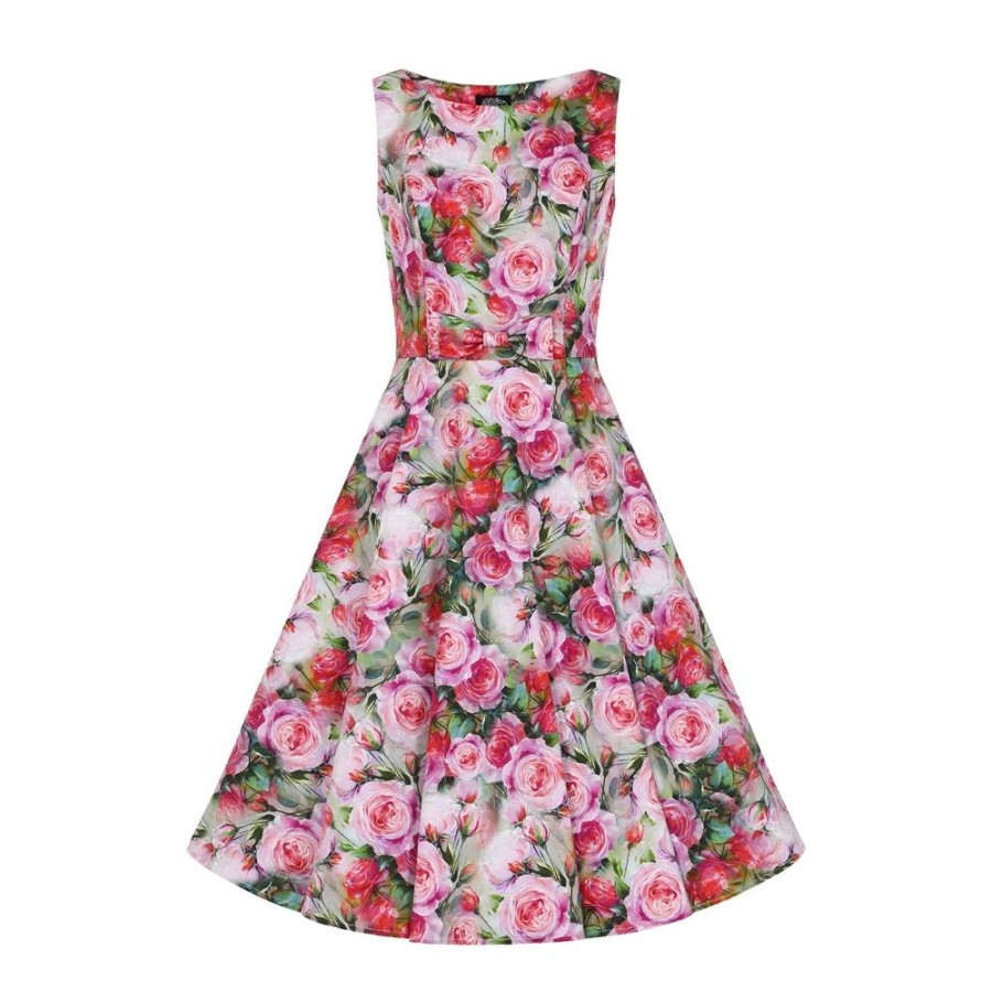 Hearts and Roses Coloured Pink Red Rose Print Swing Tea Dress | Floral Dresses