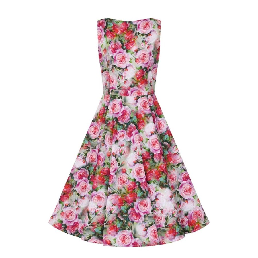 Hearts and Roses Coloured Pink Red Rose Print Swing Tea Dress | Floral Dresses