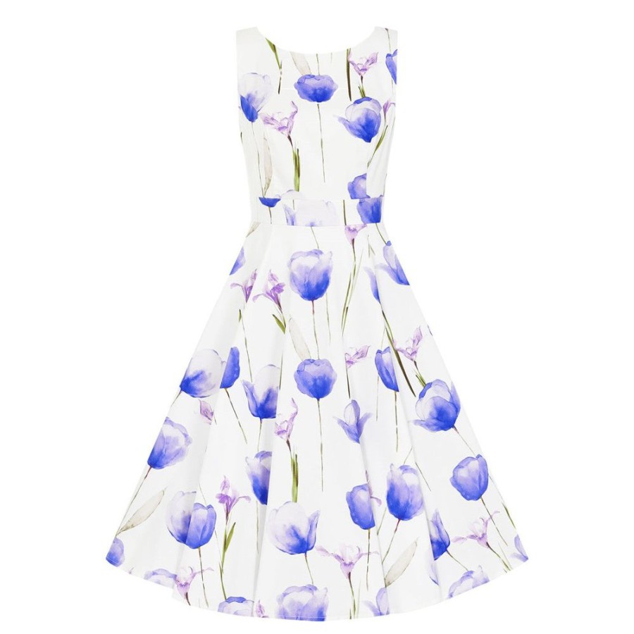 Hearts and Roses White & Purple Tulips Floral Print 50S Swing Dress | Tea Dresses