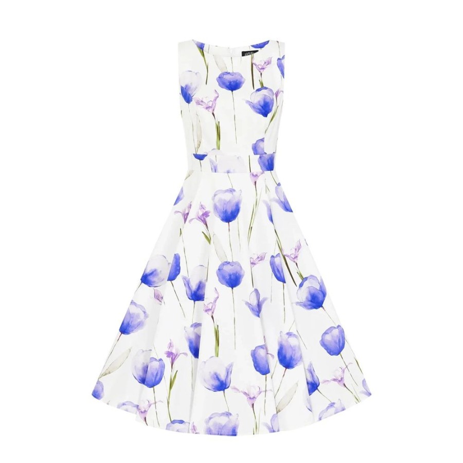 Hearts and Roses White & Purple Tulips Floral Print 50S Swing Dress | Tea Dresses