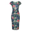 Pretty Kitty Fashion Navy Tropical Floral Print Cap Sleeve V Neck Bodycon Wiggle Dress | Wiggle Dresses