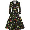 Pretty Kitty Fashion Red Cherry Print Collared V Neck Rockabilly 50S Swing Dress W/ | Party Dresses