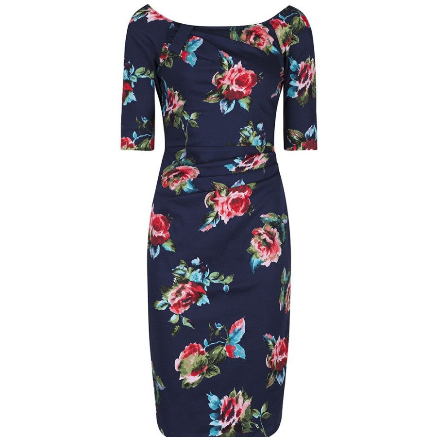 Pretty Kitty Fashion Navy Floral 1/2 Sleeve Floral Wiggle Pencil Dress | Pencil Dresses