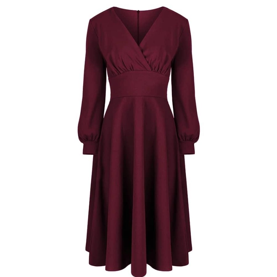 Pretty Kitty Fashion Red Long Sleeve A Line Vintage Crossover Tea Swing Dress | Tea Dresses