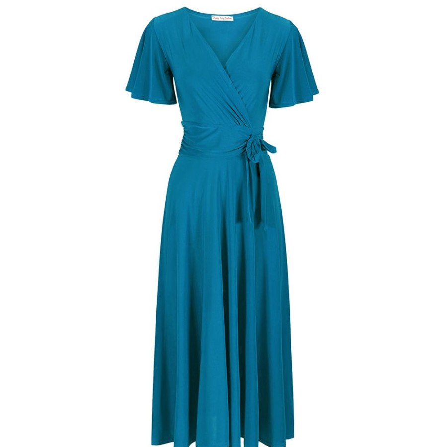 Pretty Kitty Fashion Blue Cap Sleeve Crossover V Neck Wrap Top Swing Dress | 50S Swing Dresses