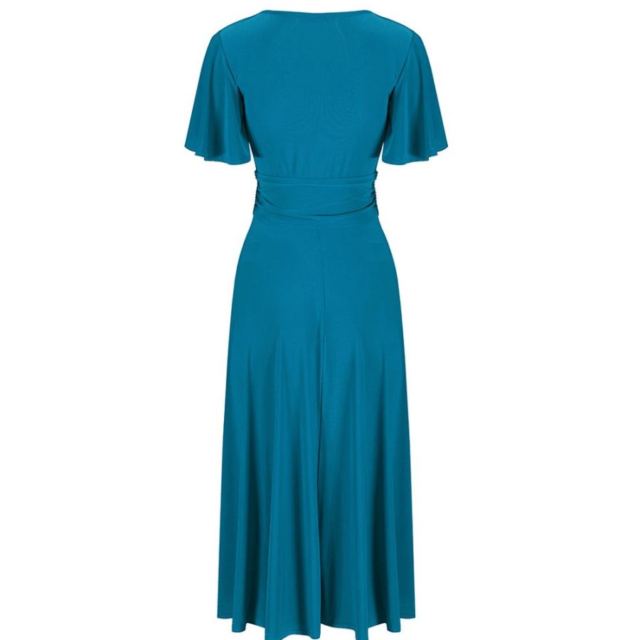 Pretty Kitty Fashion Blue Cap Sleeve Crossover V Neck Wrap Top Swing Dress | 50S Swing Dresses