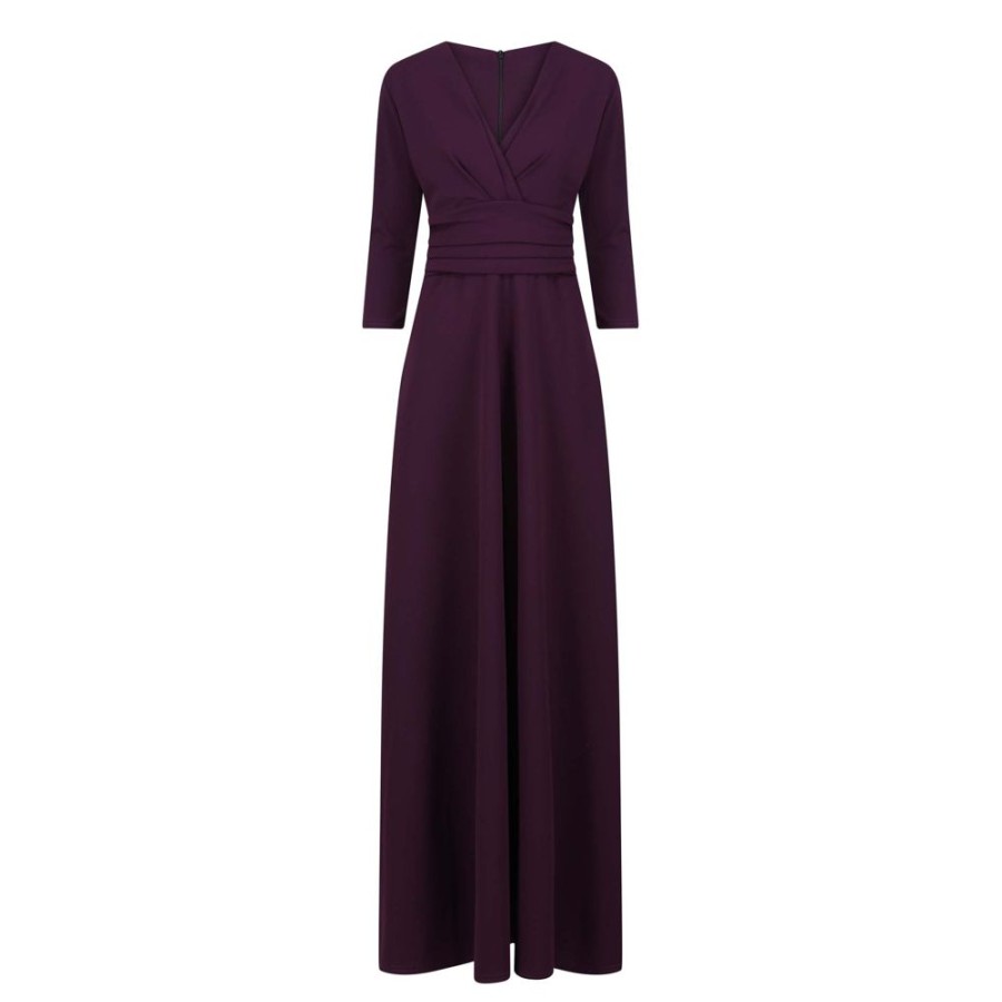 Pretty Kitty Fashion Aubergine V Neck 3/4 Sleeve Maxi Dress | Cocktail Dresses