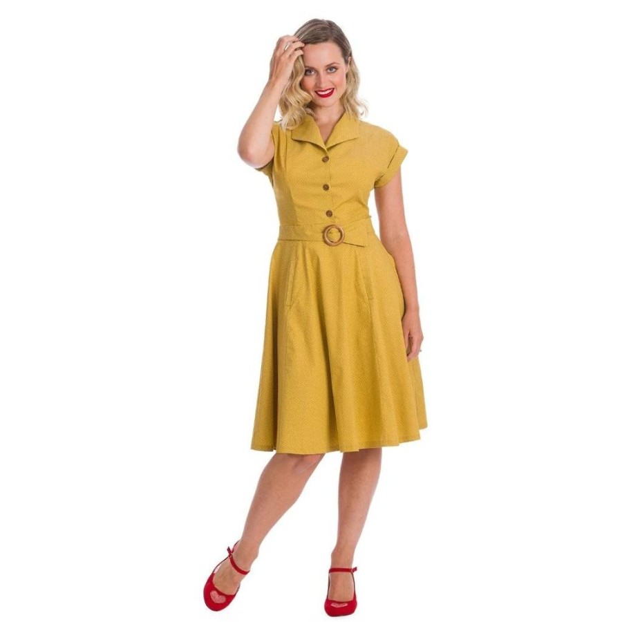 Pretty Kitty Fashion Mustard Polka Dot Fit & Flare Cap Sleeve Tea Dress | 50S Swing Dresses