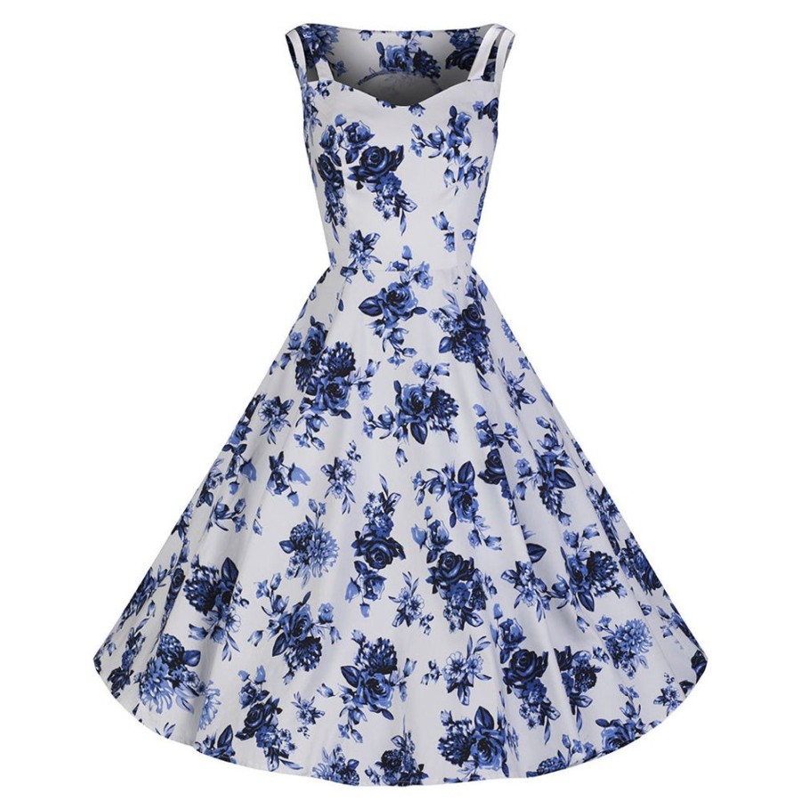 Hearts and Roses White And Blue Vintage Floral Blossom Rockabilly Swing Dress | 50S Swing Dresses