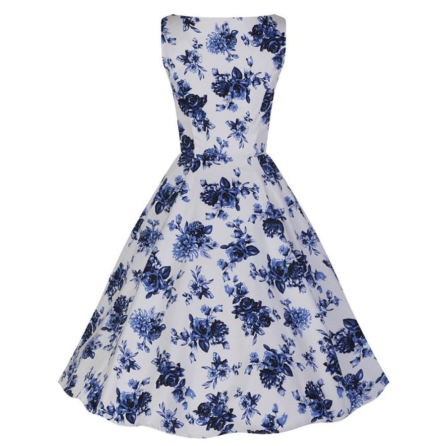 Hearts and Roses White And Blue Vintage Floral Blossom Rockabilly Swing Dress | 50S Swing Dresses