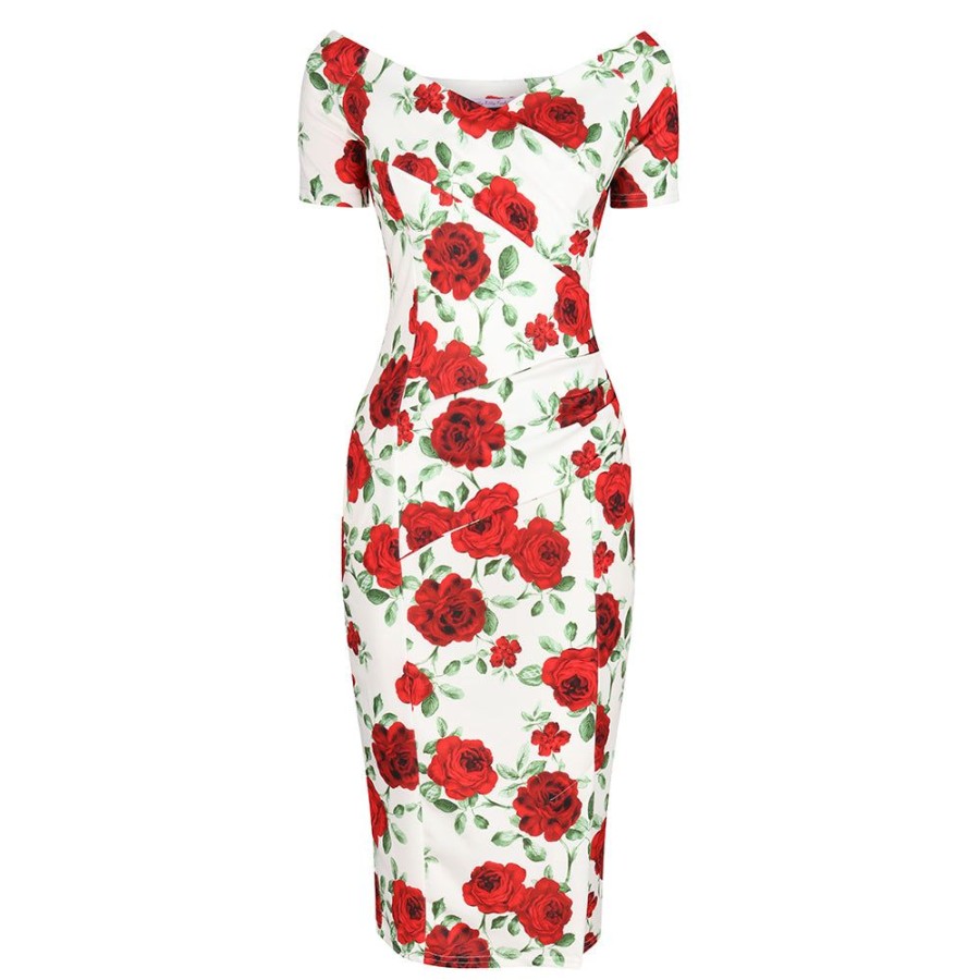 Pretty Kitty Fashion And Red Rose Floral Capped Sleeve Bodycon Wiggle Dress | Pencil Dresses