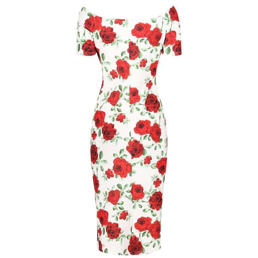 Pretty Kitty Fashion And Red Rose Floral Capped Sleeve Bodycon Wiggle Dress | Pencil Dresses