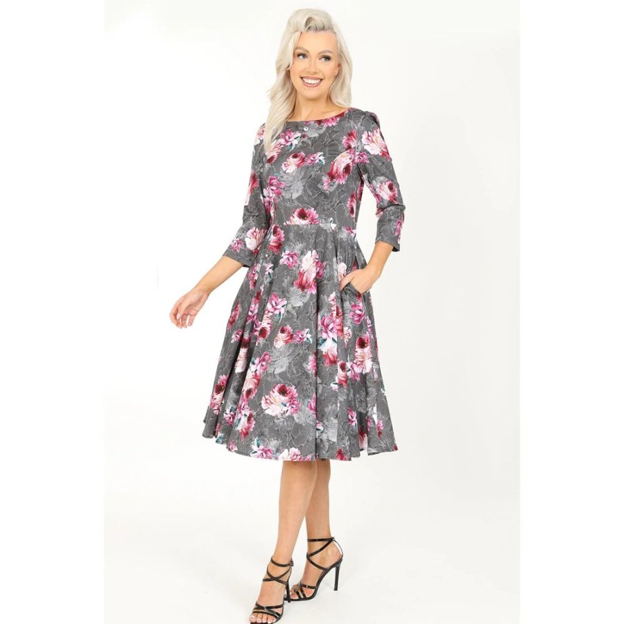 Hearts and Roses Pink Floral Print 50 3/4 Sleeve Swing Tea Dress With Pockets | Tea Dresses