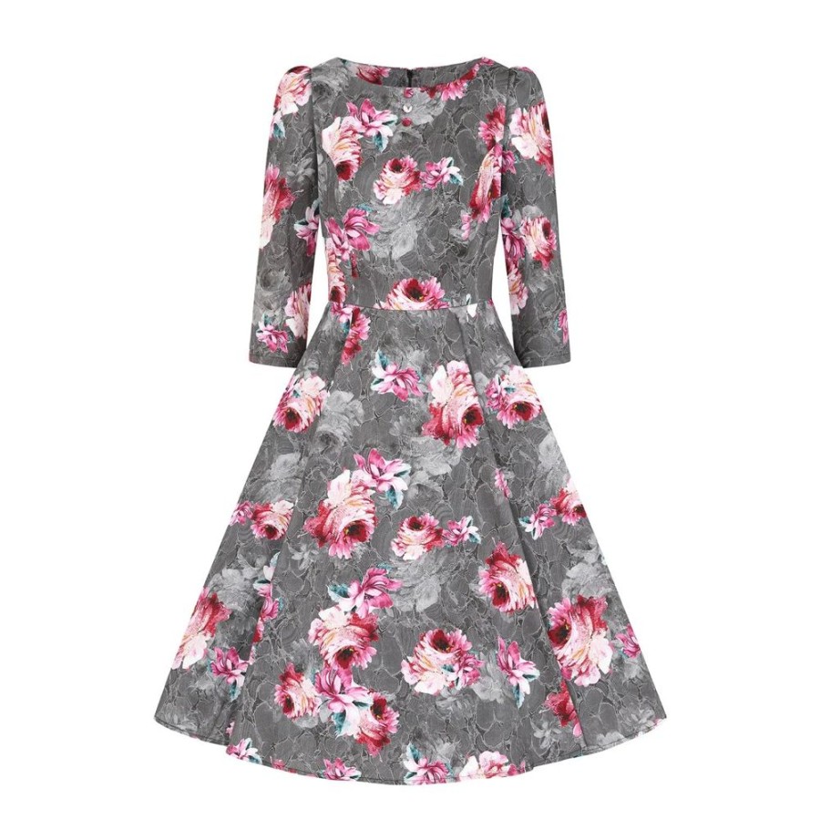 Hearts and Roses Pink Floral Print 50 3/4 Sleeve Swing Tea Dress With Pockets | Tea Dresses