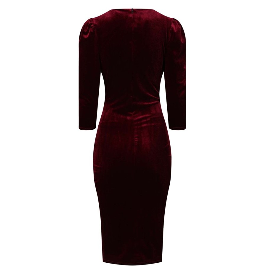 Pretty Kitty Fashion Claret Red Velour Wrapover 3/4 Sleeve Midi Dress | Velour Dresses