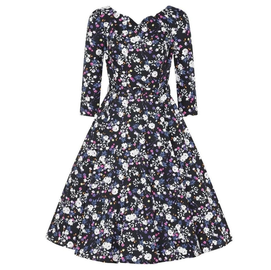 Pretty Kitty Fashion Multi Floral Print 3/4 Sleeve 50S Swing Dress | Floral Dresses