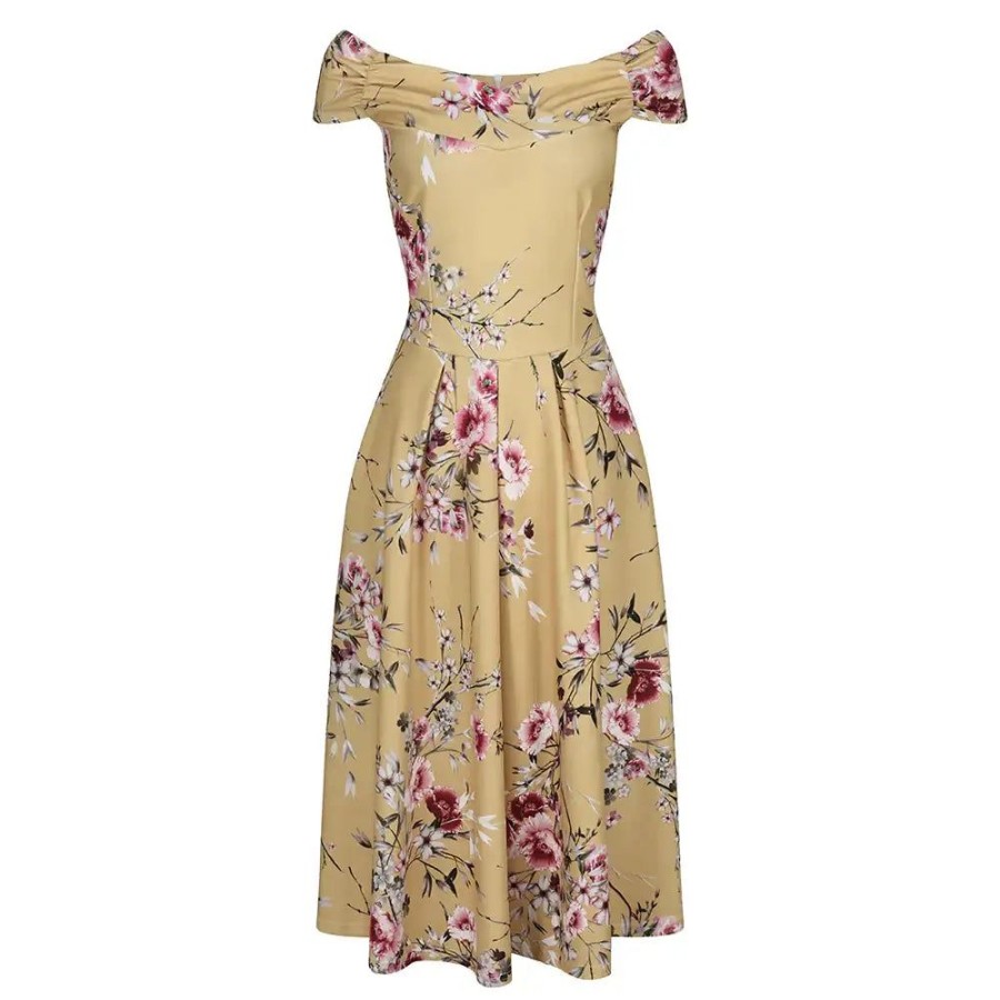 Pretty Kitty Fashion Floral Print Crossover Bardot 50S Swing Dress | 50S Swing Dresses