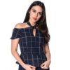 Pretty Kitty Fashion Navy Check Print Cold Shoulder Halter Top | Tops