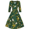 Pretty Kitty Fashion Birds & Blossom Print 3/4 Sleeve Vintage Style Swing Tea Dress W | Floral Dresses