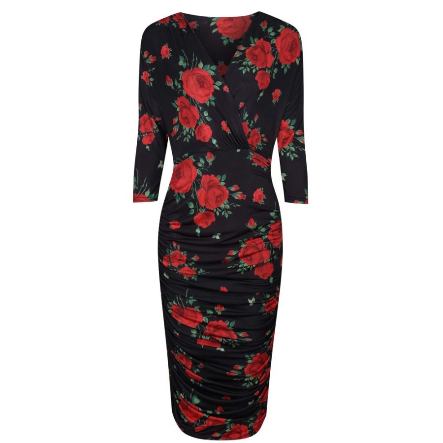 Pretty Kitty Fashion And Red Rose Print 3/4 Sleeve Wrap Over Midi Dress | Little Black Dresses