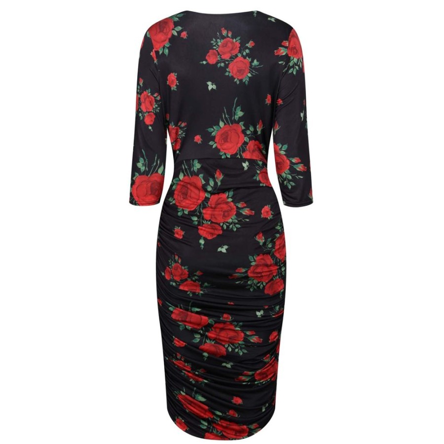 Pretty Kitty Fashion And Red Rose Print 3/4 Sleeve Wrap Over Midi Dress | Little Black Dresses