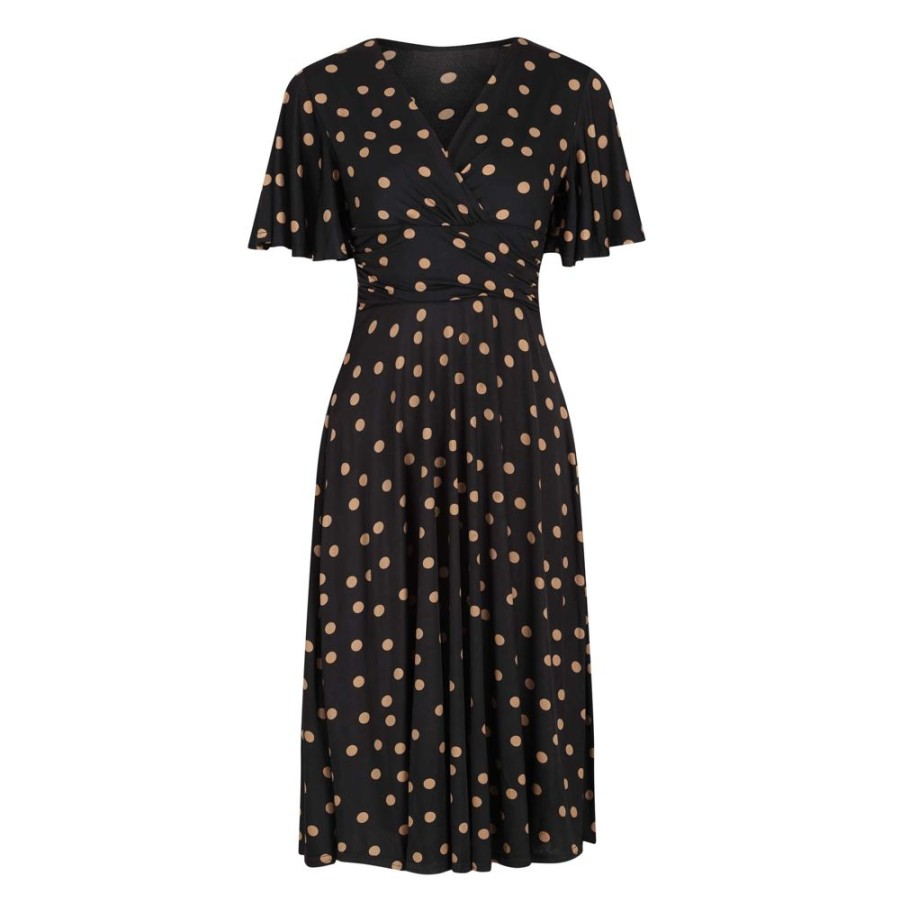 Pretty Kitty Fashion Gold Polka Dot Waterfall Sleeve Wrap Style Swing Dress Hi | Party Dresses