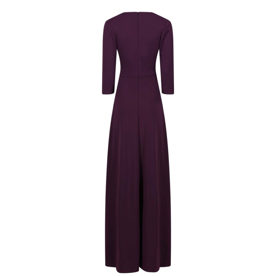 Pretty Kitty Fashion Aubergine V Neck 3/4 Sleeve Maxi Dress | Party Dresses