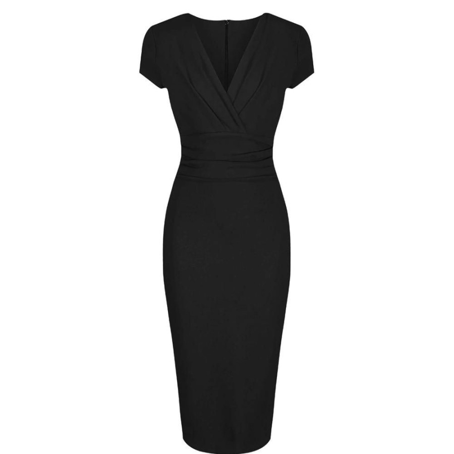 Pretty Kitty Fashion Deep V Cap Sleeve Bodycon Ruched Waist Wiggle Dress | Little Black Dresses