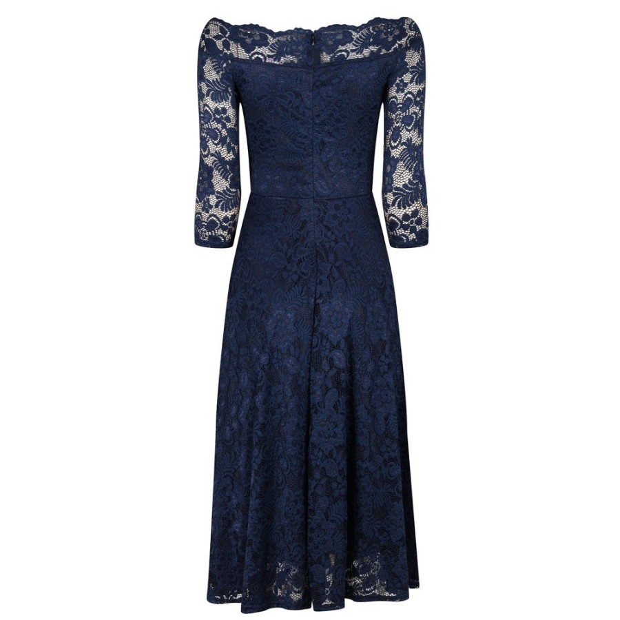 Pretty Kitty Fashion Blue Lace Vintage Style Swing Dress With 3/4 Sleeves & Boat Neck | Pencil Dresses