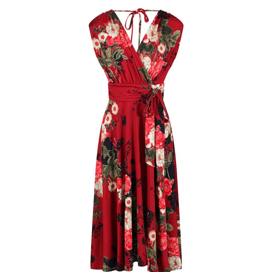 Pretty Kitty Fashion Floral Print V Neck Crossover Wrap Top Empire Waist Swing Dress | Floral Dresses