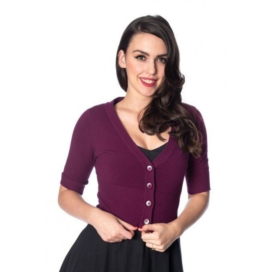 Pretty Kitty Fashion Vintage Half Sleeve Aubergine Cardigan | Tops