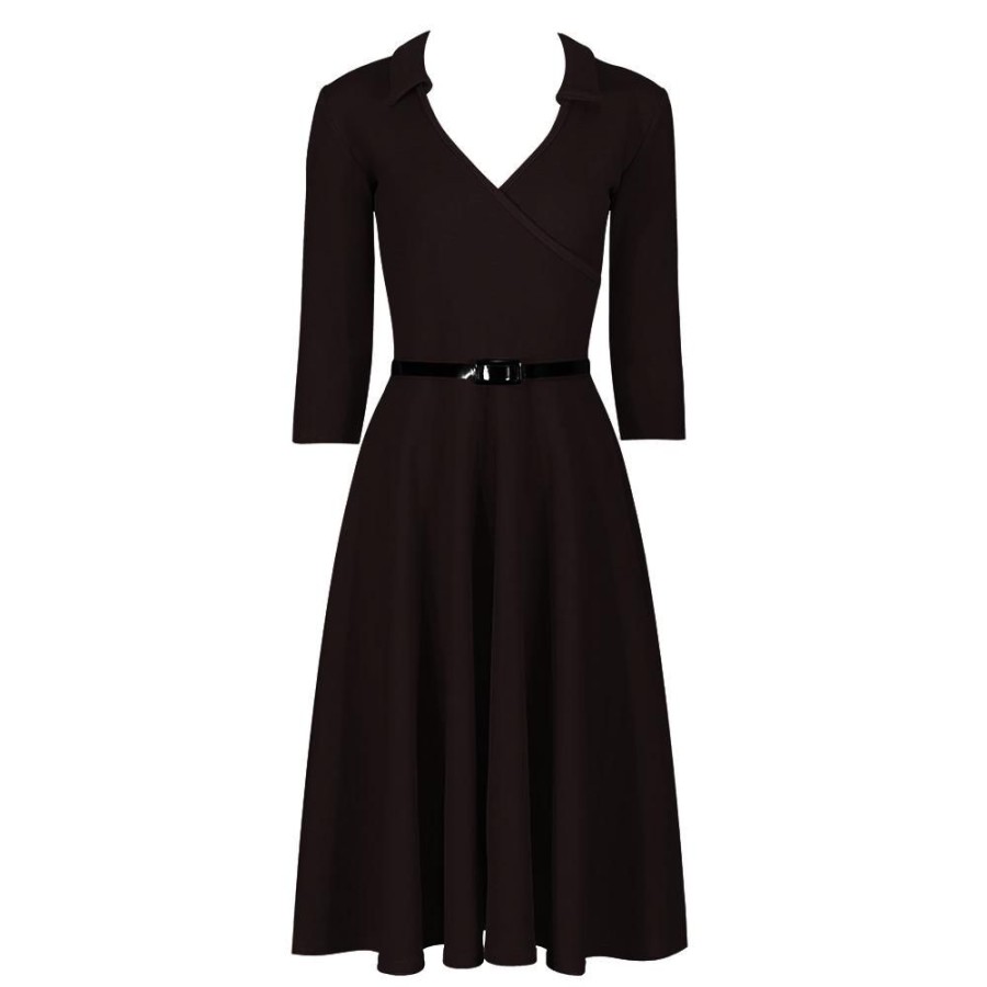 Pretty Kitty Fashion 3/4 Sleeve Collar Wrap Effect Swing Dress With Belt | Party Dresses