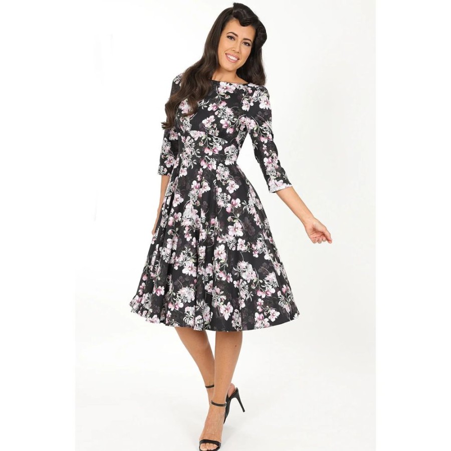 Hearts and Roses Pink Floral Print 50 3/4 Sleeve Swing Tea Dress With Pockets | Floral Dresses