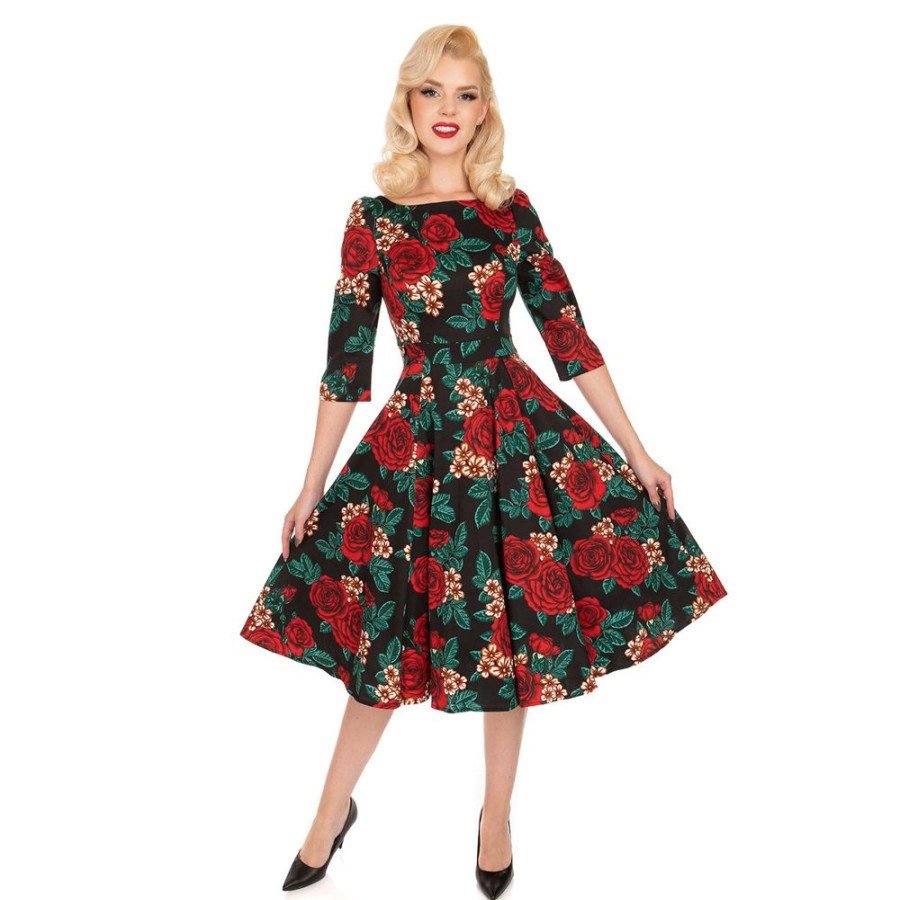 Pretty Kitty Fashion And Red Floral Vintage 50S 3/4 Sleeve Swing Tea Dress | Floral Dresses