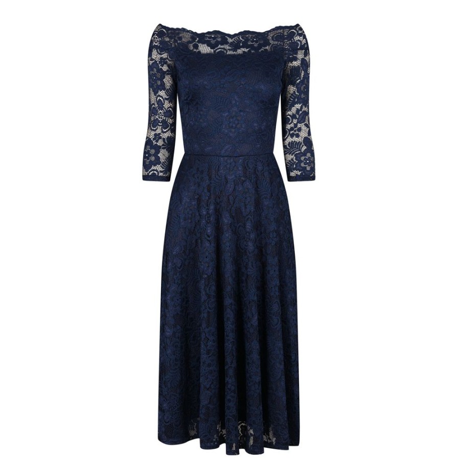 Pretty Kitty Fashion Blue Lace Vintage Style Swing Dress With 3/4 Sleeves & Boat Neck | Lace Dresses