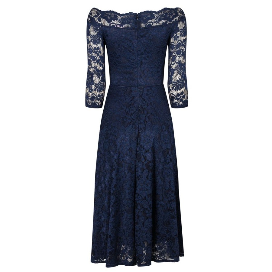 Pretty Kitty Fashion Blue Lace Vintage Style Swing Dress With 3/4 Sleeves & Boat Neck | Lace Dresses