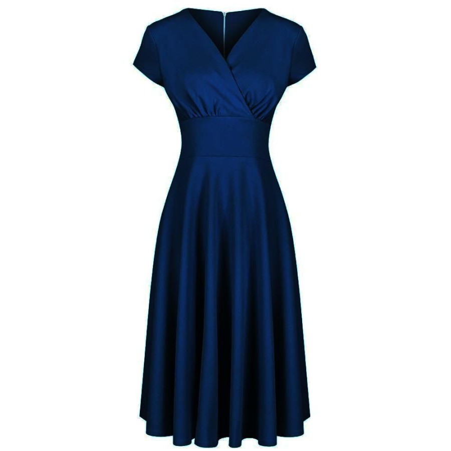 Pretty Kitty Fashion Navy Vintage A Line Crossover Capped Sleeve Tea Swing Dress | 50S Swing Dresses