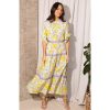 Pretty Kitty Fashion Hope & Ivy White & Yellow Floral Check Print High Neck Blouson Sleeve | Cocktail Dresses