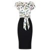 Pretty Kitty Fashion White Floral Butterfly Print Tie Front Bodycon Midi Dress | Wiggle Dresses