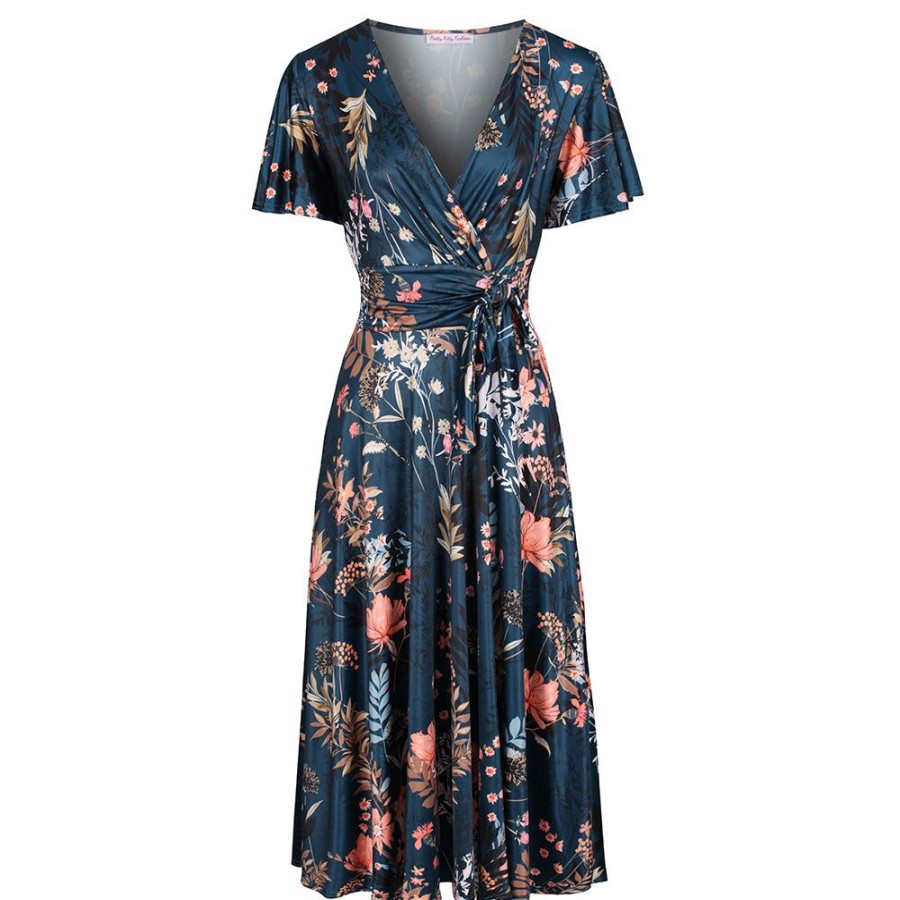 Pretty Kitty Fashion Dark Floral Print Cap Sleeve V Neck Wrap Top Swing Dress | Party Dresses