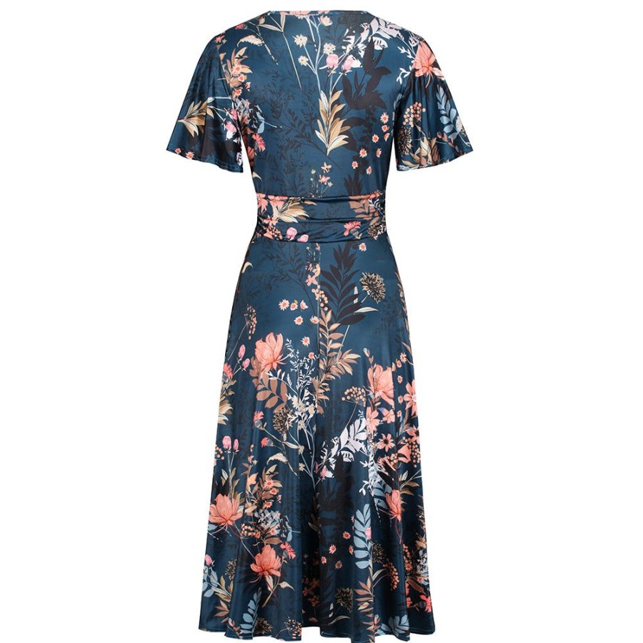 Pretty Kitty Fashion Dark Floral Print Cap Sleeve V Neck Wrap Top Swing Dress | Party Dresses