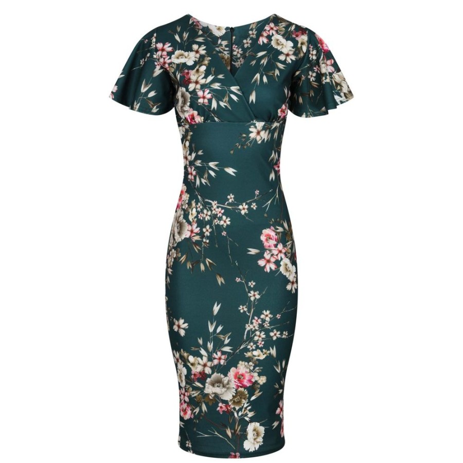 Pretty Kitty Fashion Forest Floral Half Sleeve Deep V Neck Crossover Top Wiggle Dress | Floral Dresses