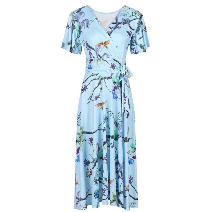 Pretty Kitty Fashion Floral Bird Print Cap Sleeve V Neck Wrap Top Swing Dress | 50S Swing Dresses