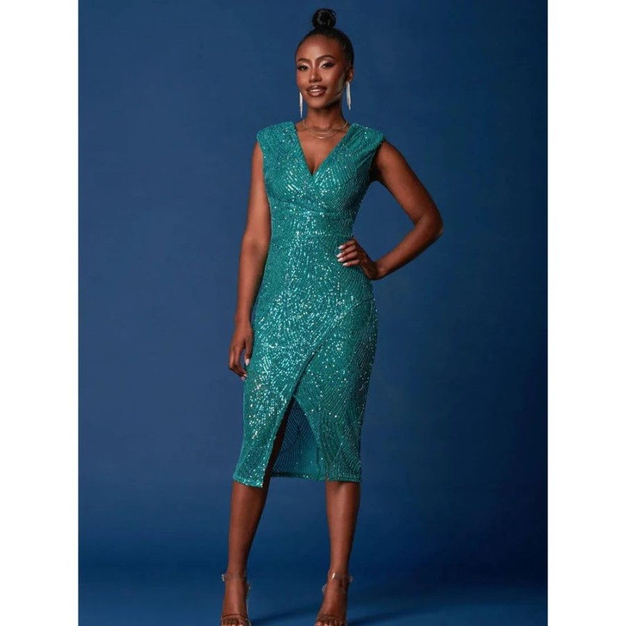 Jolie Moi Jolie Moi Green Sleeveless V Neck Split Skirt Sequin Wiggle Dress | Jolie Moi Dresses