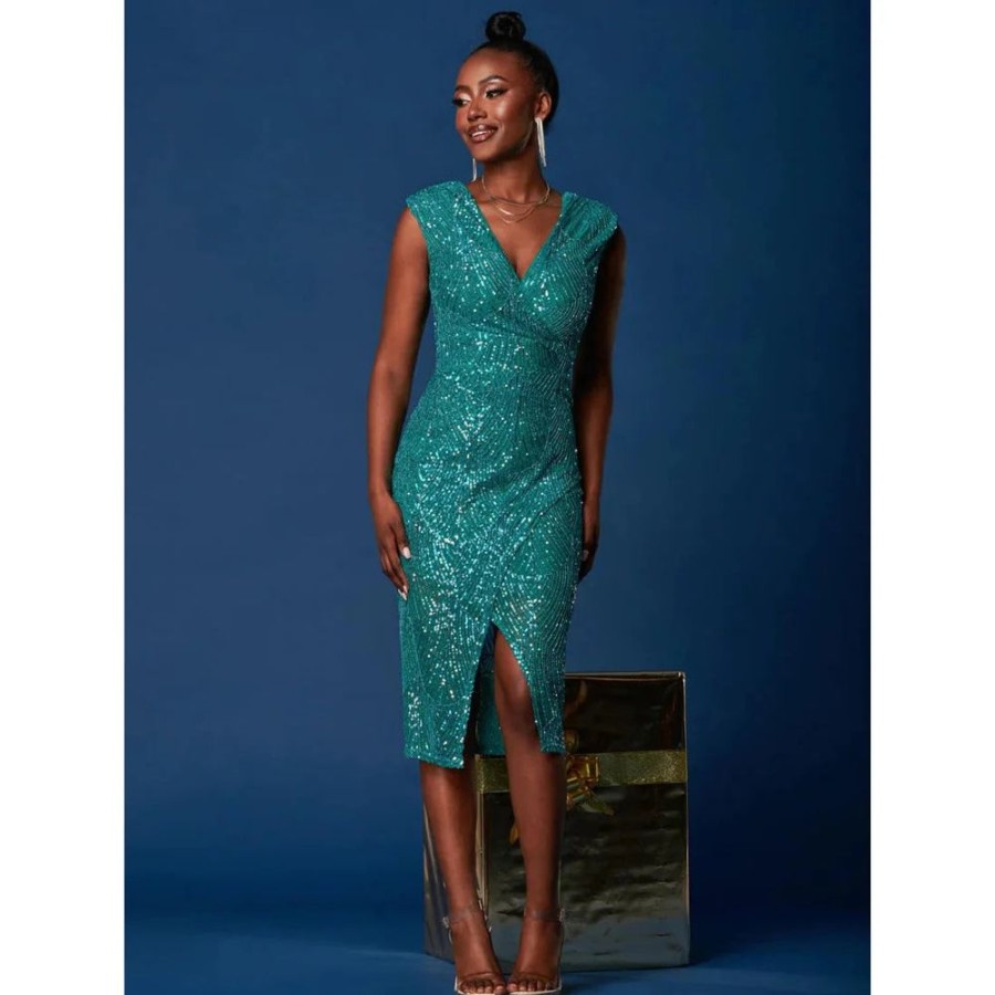 Jolie Moi Jolie Moi Green Sleeveless V Neck Split Skirt Sequin Wiggle Dress | Jolie Moi Dresses