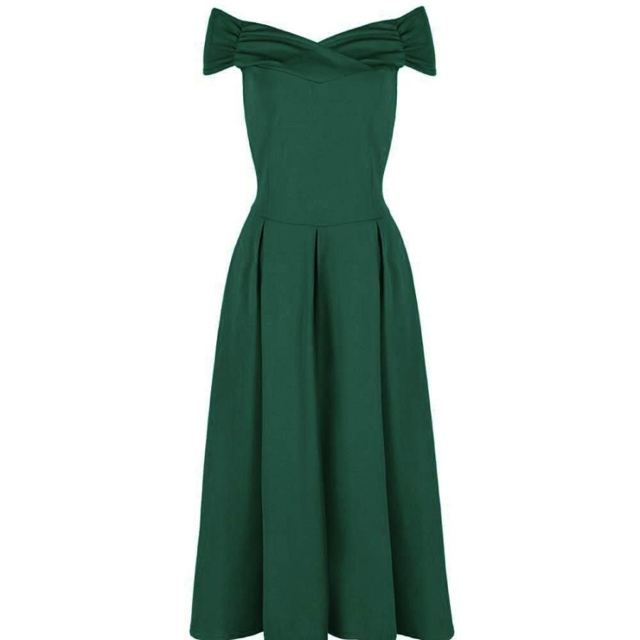 Pretty Kitty Fashion Emerald Cap Sleeve Crossover Bardot Neckline 50S Swing Dress | 50S Swing Dresses